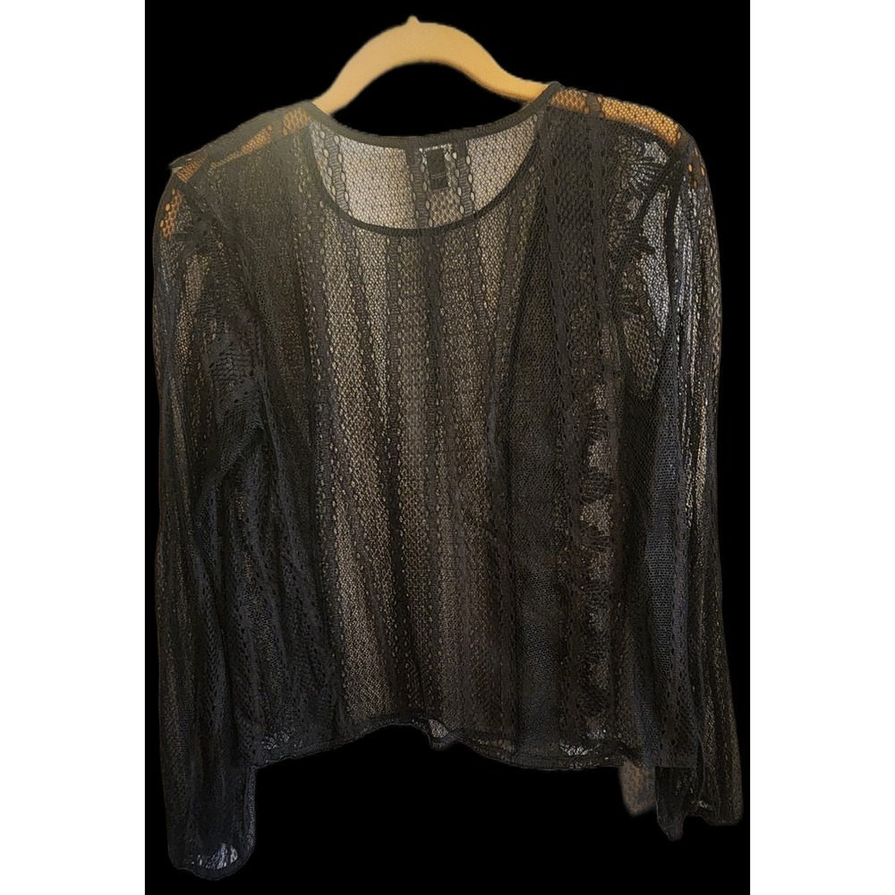 Express Black Lace Mesh Top Sheer Long Sleeve Open Knit Crew Neck Size S/P Small